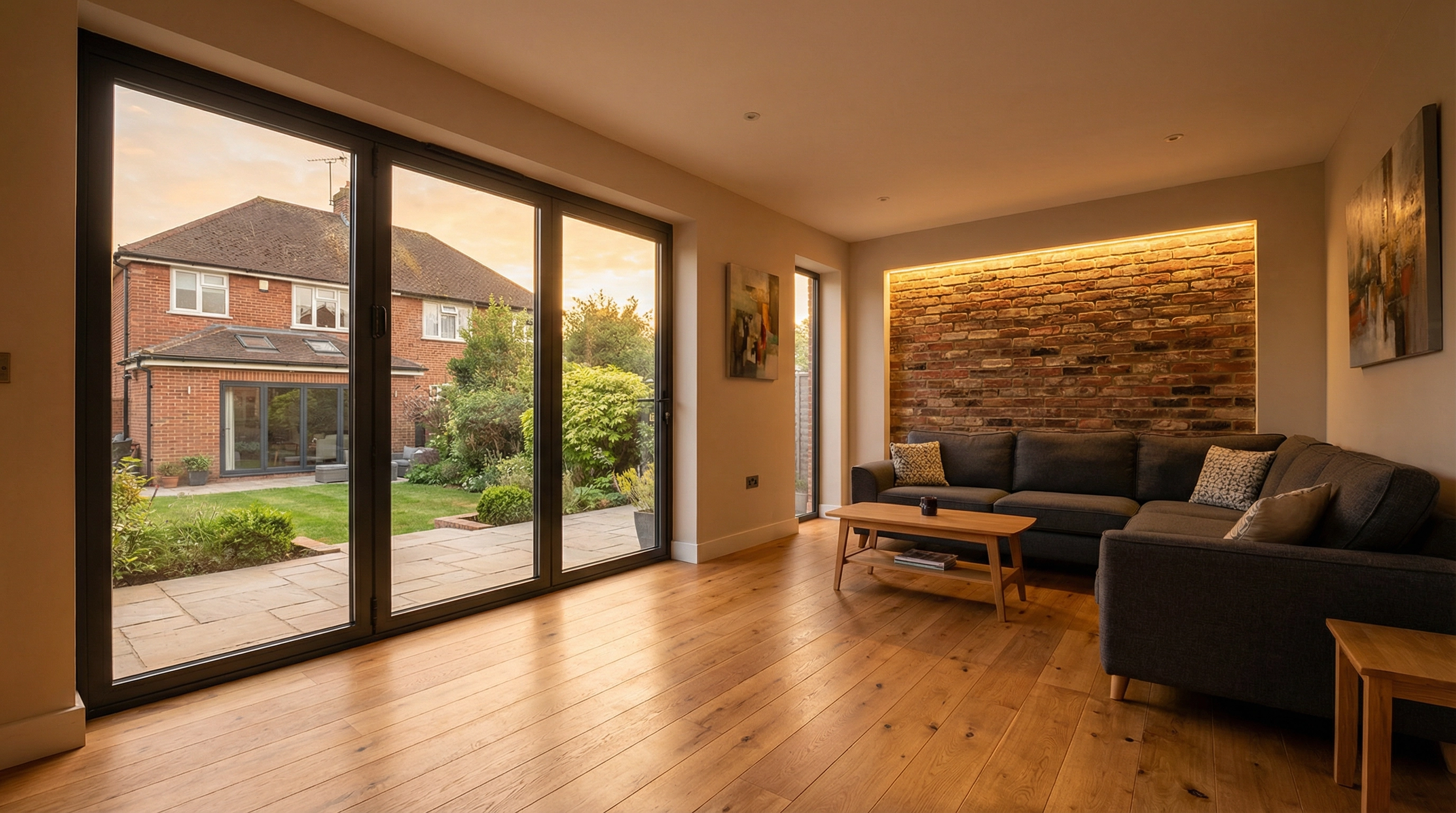 Beautiful garage conversion with bifold doors opening to a garden in an Essex home